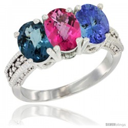 14K White Gold Natural London Blue Topaz, Pink Topaz & Tanzanite Ring 3-Stone 7x5 mm Oval Diamond Accent