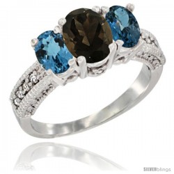 14k White Gold Ladies Oval Natural Smoky Topaz 3-Stone Ring with London Blue Topaz Sides Diamond Accent