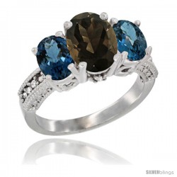 14K White Gold Ladies 3-Stone Oval Natural Smoky Topaz Ring with London Blue Topaz Sides Diamond Accent