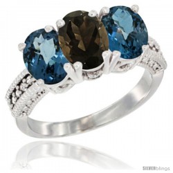 14K White Gold Natural Smoky Topaz & London Blue Topaz Sides Ring 3-Stone 7x5 mm Oval Diamond Accent