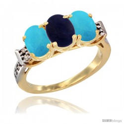 10K Yellow Gold Natural Lapis & Turquoise Sides Ring 3-Stone Oval 7x5 mm Diamond Accent