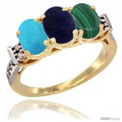 10K Yellow Gold Natural Turquoise, Lapis & Malachite Ring 3-Stone Oval 7x5 mm Diamond Accent