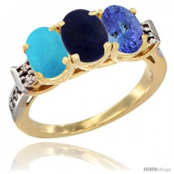 10K Yellow Gold Natural Turquoise, Lapis & Tanzanite Ring 3-Stone Oval 7x5 mm Diamond Accent