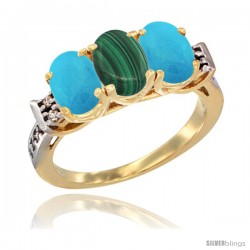 10K Yellow Gold Natural Malachite & Turquoise Sides Ring 3-Stone Oval 7x5 mm Diamond Accent