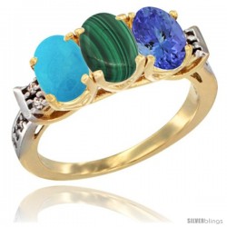 10K Yellow Gold Natural Turquoise, Malachite & Tanzanite Ring 3-Stone Oval 7x5 mm Diamond Accent