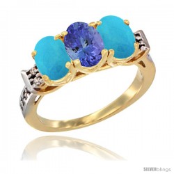 10K Yellow Gold Natural Tanzanite & Turquoise Sides Ring 3-Stone Oval 7x5 mm Diamond Accent