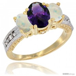 10K Yellow Gold Ladies Oval Natural Amethyst 3-Stone Ring with Opal Sides Diamond Accent