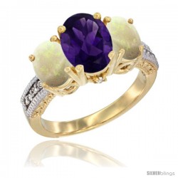 10K Yellow Gold Ladies 3-Stone Oval Natural Amethyst Ring with Opal Sides Diamond Accent