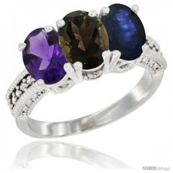 10K White Gold Natural Amethyst, Smoky Topaz & Blue Sapphire Ring 3-Stone Oval 7x5 mm Diamond Accent