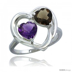 10K White Gold Heart Ring 6mm Natural Amethyst & Smoky Topaz Diamond Accent