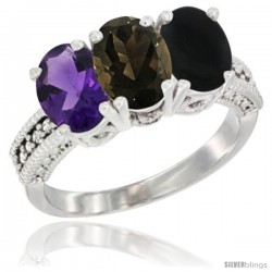 10K White Gold Natural Amethyst, Smoky Topaz & Black Onyx Ring 3-Stone Oval 7x5 mm Diamond Accent