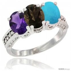 10K White Gold Natural Amethyst, Smoky Topaz & Turquoise Ring 3-Stone Oval 7x5 mm Diamond Accent