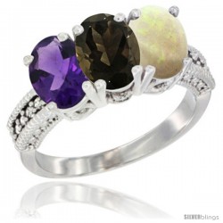 10K White Gold Natural Amethyst, Smoky Topaz & Opal Ring 3-Stone Oval 7x5 mm Diamond Accent