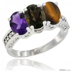 10K White Gold Natural Amethyst, Smoky Topaz & Tiger Eye Ring 3-Stone Oval 7x5 mm Diamond Accent