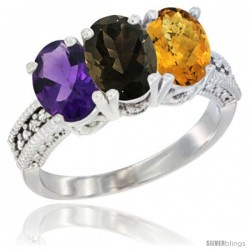 10K White Gold Natural Amethyst, Smoky Topaz & Whisky Quartz Ring 3-Stone Oval 7x5 mm Diamond Accent