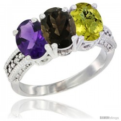 10K White Gold Natural Amethyst, Smoky Topaz & Lemon Quartz Ring 3-Stone Oval 7x5 mm Diamond Accent