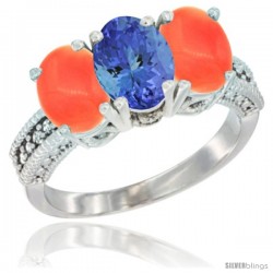 10K White Gold Natural Tanzanite & Coral Sides Ring 3-Stone Oval 7x5 mm Diamond Accent