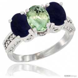 10K White Gold Natural Green Amethyst & Lapis Sides Ring 3-Stone Oval 7x5 mm Diamond Accent