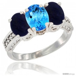 10K White Gold Natural Swiss Blue Topaz & Lapis Sides Ring 3-Stone Oval 7x5 mm Diamond Accent