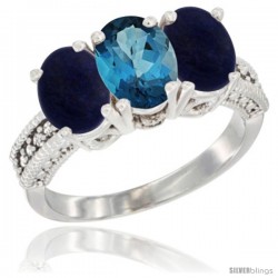 10K White Gold Natural London Blue Topaz & Lapis Sides Ring 3-Stone Oval 7x5 mm Diamond Accent