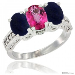 10K White Gold Natural Pink Topaz & Lapis Sides Ring 3-Stone Oval 7x5 mm Diamond Accent