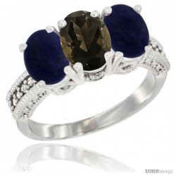 10K White Gold Natural Smoky Topaz & Lapis Sides Ring 3-Stone Oval 7x5 mm Diamond Accent