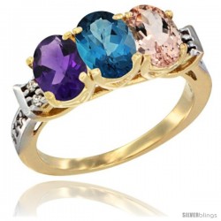 10K Yellow Gold Natural Amethyst, London Blue Topaz & Morganite Ring 3-Stone Oval 7x5 mm Diamond Accent