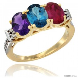 10K Yellow Gold Natural Amethyst, London Blue Topaz & Ruby Ring 3-Stone Oval 7x5 mm Diamond Accent