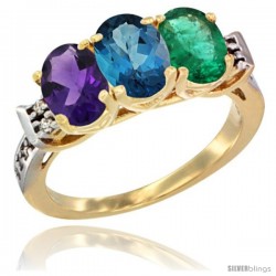 10K Yellow Gold Natural Amethyst, London Blue Topaz & Emerald Ring 3-Stone Oval 7x5 mm Diamond Accent