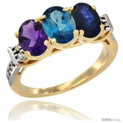 10K Yellow Gold Natural Amethyst, London Blue Topaz & Blue Sapphire Ring 3-Stone Oval 7x5 mm Diamond Accent