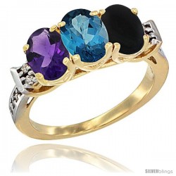 10K Yellow Gold Natural Amethyst, London Blue Topaz & Black Onyx Ring 3-Stone Oval 7x5 mm Diamond Accent