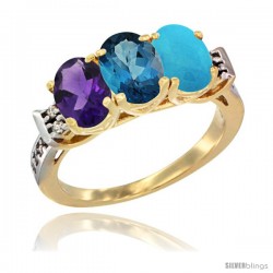 10K Yellow Gold Natural Amethyst, London Blue Topaz & Turquoise Ring 3-Stone Oval 7x5 mm Diamond Accent