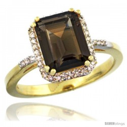 14k Yellow Gold Diamond Smoky Topaz Ring 2.53 ct Emerald Shape 9x7 mm, 1/2 in wide