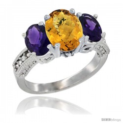 14K White Gold Ladies 3-Stone Oval Natural Whisky Quartz Ring with Amethyst Sides Diamond Accent