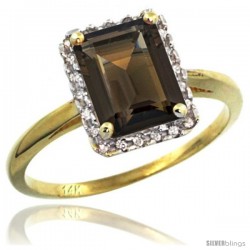 14k Yellow Gold Diamond Smoky Topaz Ring 1.6 ct Emerald Shape 8x6 mm, 1/2 in wide