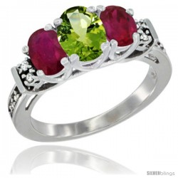 14K White Gold Natural Peridot & Ruby Ring 3-Stone Oval with Diamond Accent