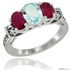 14K White Gold Natural Aquamarine & Ruby Ring 3-Stone Oval with Diamond Accent