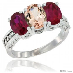 14K White Gold Natural Morganite & Ruby Sides Ring 3-Stone Oval 7x5 mm Diamond Accent