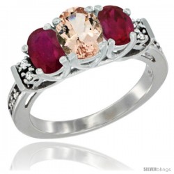 14K White Gold Natural Morganite & Ruby Ring 3-Stone Oval with Diamond Accent