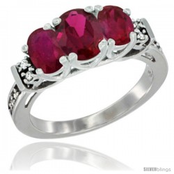 14K White Gold Natural High Quality Ruby Ring 3-Stone Oval with Diamond Accent