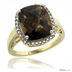 14k Yellow Gold Diamond Smoky Topaz Ring 5.17 ct Checkerboard Cut Cushion 12x10 mm, 1/2 in wide