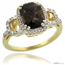 14k Yellow Gold Diamond Smoky Topaz Ring 2 ct Checkerboard Cut Cushion Shape 9x7 mm, 1/2 in wide