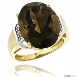 14k Yellow Gold Diamond Smoky Topaz Ring 9.7 ct Large Oval Stone 16x12 mm, 5/8 in wide