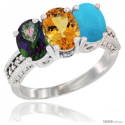 10K White Gold Natural Mystic Topaz, Citrine & Turquoise Ring 3-Stone Oval 7x5 mm Diamond Accent