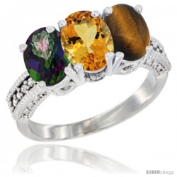 10K White Gold Natural Mystic Topaz, Citrine & Tiger Eye Ring 3-Stone Oval 7x5 mm Diamond Accent