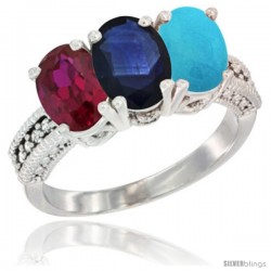 10K White Gold Natural Ruby, Blue Sapphire & Turquoise Ring 3-Stone Oval 7x5 mm Diamond Accent