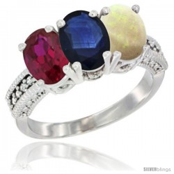 10K White Gold Natural Ruby, Blue Sapphire & Opal Ring 3-Stone Oval 7x5 mm Diamond Accent