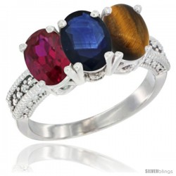 10K White Gold Natural Ruby, Blue Sapphire & Tiger Eye Ring 3-Stone Oval 7x5 mm Diamond Accent