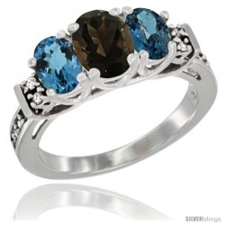 14K White Gold Natural Smoky Topaz & London Blue Ring 3-Stone Oval with Diamond Accent