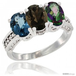 14K White Gold Natural London Blue Topaz, Smoky Topaz & Mystic Topaz Ring 3-Stone 7x5 mm Oval Diamond Accent